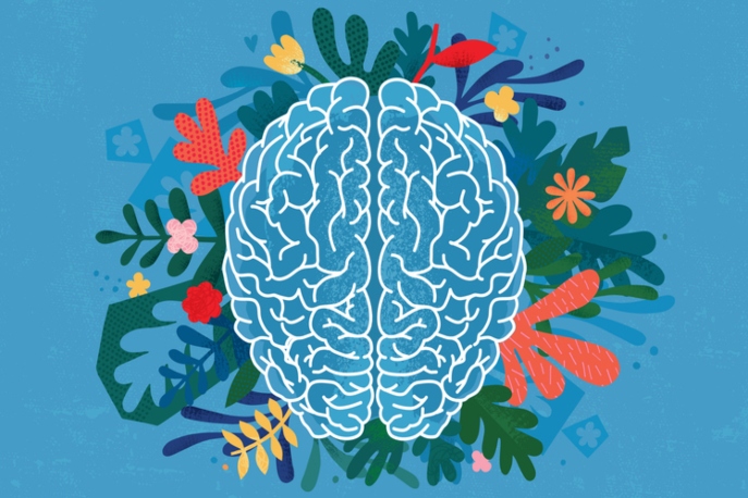 Illustration of blue brain with plants blooming from underneath it