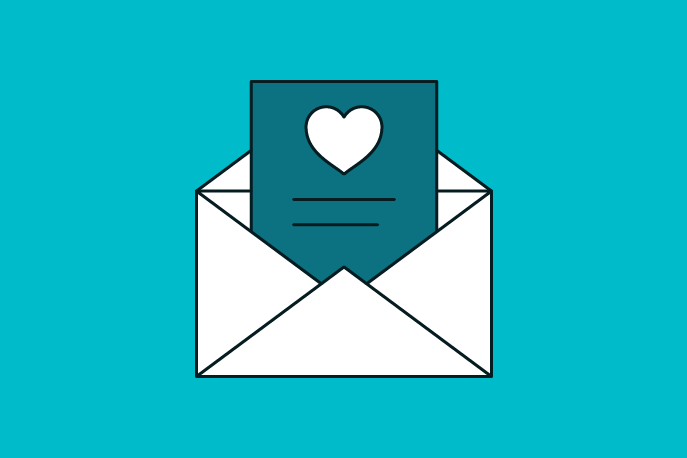 Illustration of a letter with a heart on it coming out of an envelope