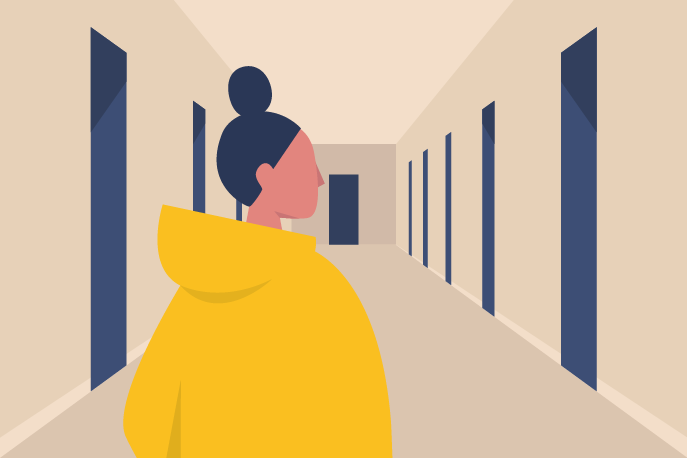 Illustration of a woman looking down a hallway with many doors