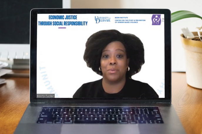 Screenshot of Ebony Tucker during a panel