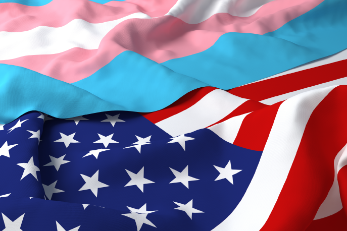 Transgender pride flag next to an American flag