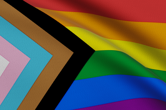 Pride flag with black and brown stripes and the transgender flag incorporated