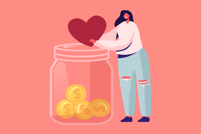 Illustration of a person placing a cartoon heart into a jar full of coins
