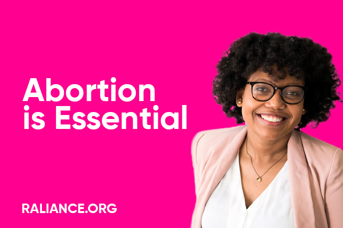 "Abortion is Essential" Woman smiling, facing forward against a hot pink background