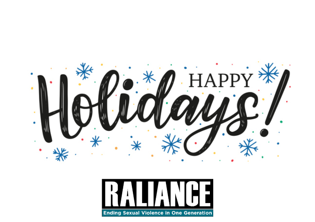 "Happy Holidays!" in black font surrounded by blue snowflakes. RALIANCE logo underneath.