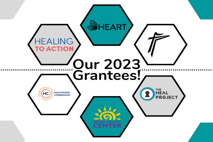 Grantee logos highlighted in teal, gray, and white