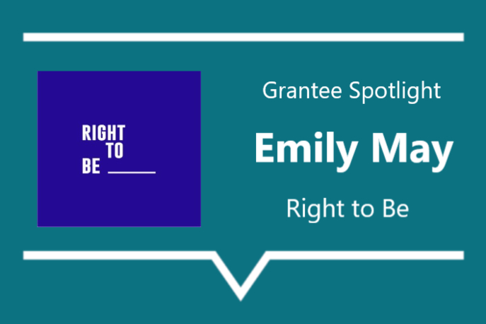 Green background with white text saying "Grantee Spotlight Emily May Right to Be" on the right. The Catholic University of America logo on the left.