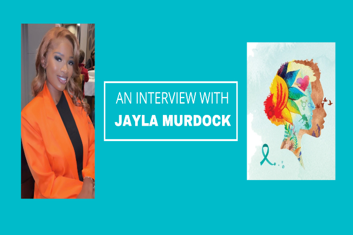 Teal background with white text that says "An interview with Jayla Murdock". Images of Jayla Murdock, a black woman in an orange suit, and the SAAM logo.
