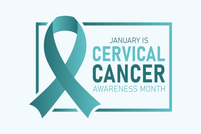 "Cervical Cancer Awareness Month" in teal text with teal ribbon
