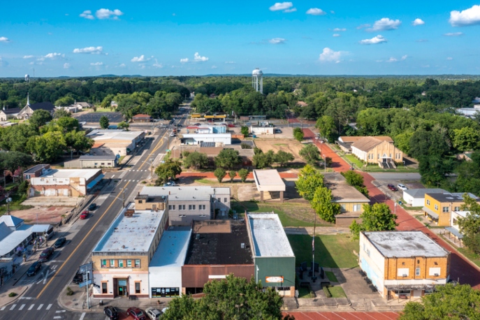 Aerial view of Gladewater, Texas and surrounding landscape.