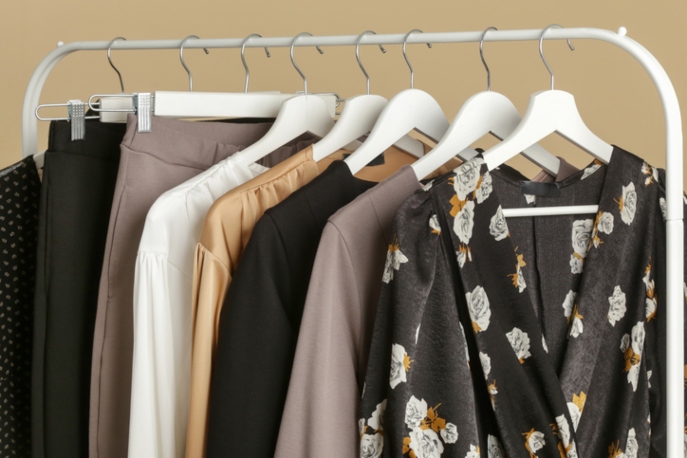 Clothes rack with women's garments.