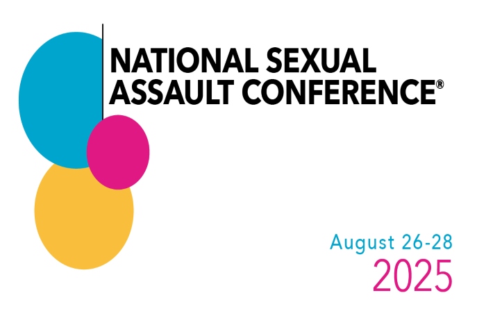 "National Sexual Assault Conference August 26-28, 2025" Circles that are yellow, blue, and pink on a white background.