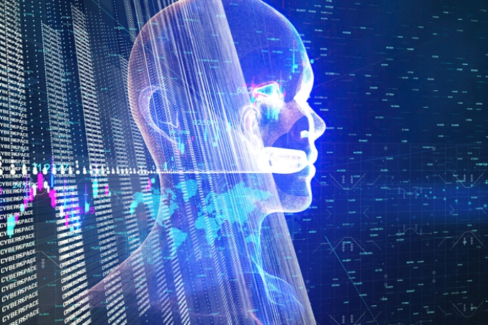 Side profile of a digital human head made from holographic lines.