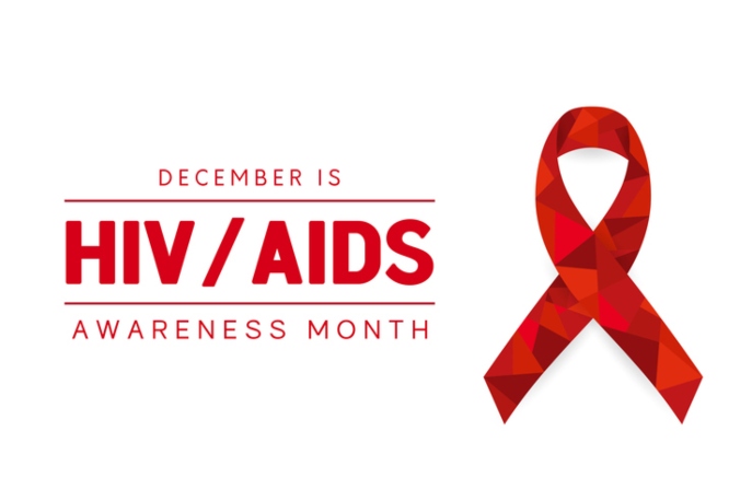 "December is HIV/AIDS Awareness Month" white background with red text and red ribbon